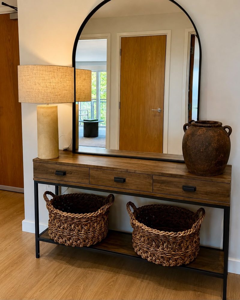 Entrance hall with an arched mirror, console table and woven baskets