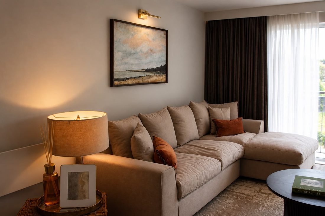 Living room with a corner sofa, table lamp and framed artwork